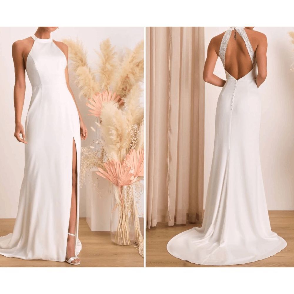 Lulu's White Satin Lace Backless Halter Maxi Formal, wedding Dress S